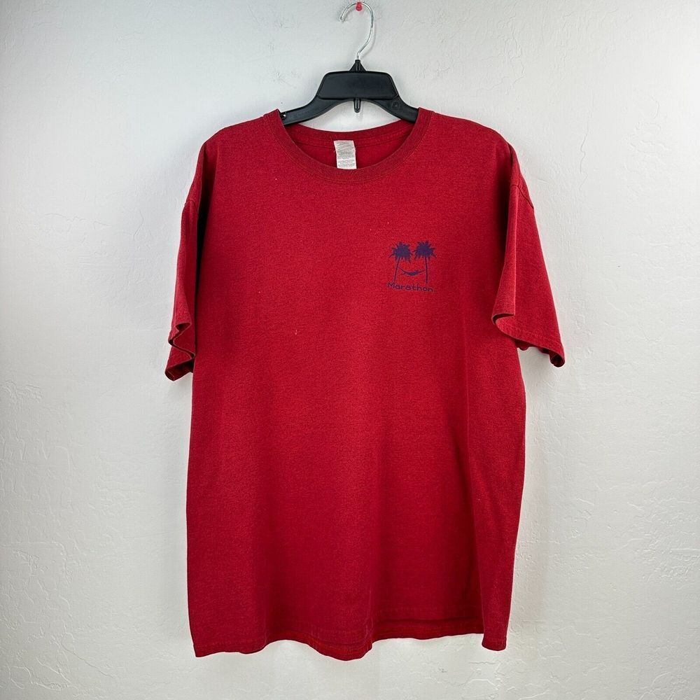 Running Marathon Funny Parody Race Tee Shirt Mens XL Red Blue Hammock Palm Trees